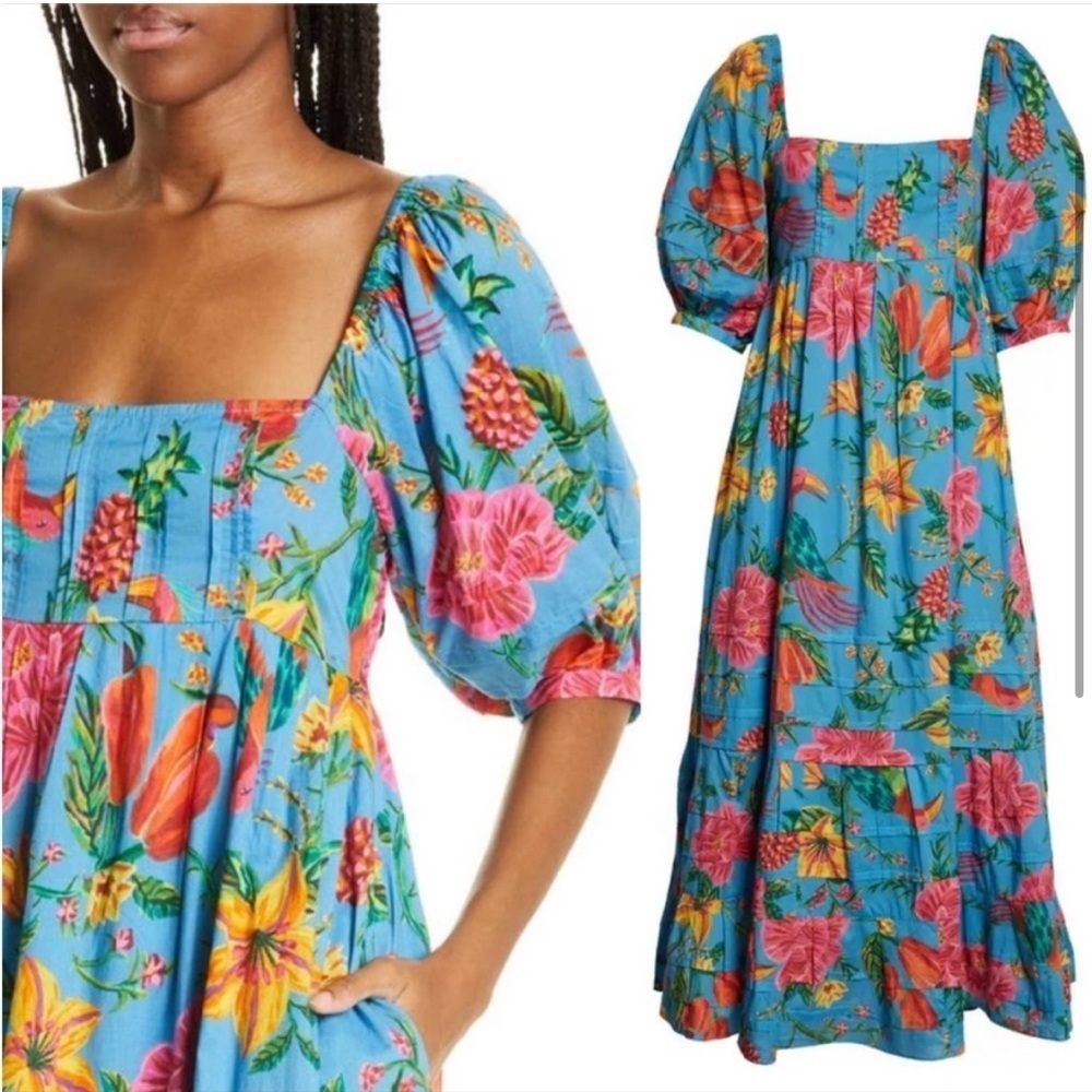 NWT Farm Rio Toucans Garden Floral Print Midi Dress Blue Size M